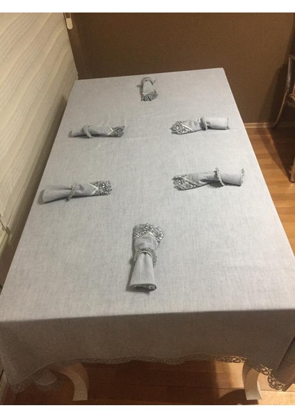 Estee Lüx Dantelli Pamuk Kumaş Gri Masa Örtüsü ve Peçeteli Sofra Takımı 6 kişilik Dikdörtgen 160x220 cm 13 Parça - 757