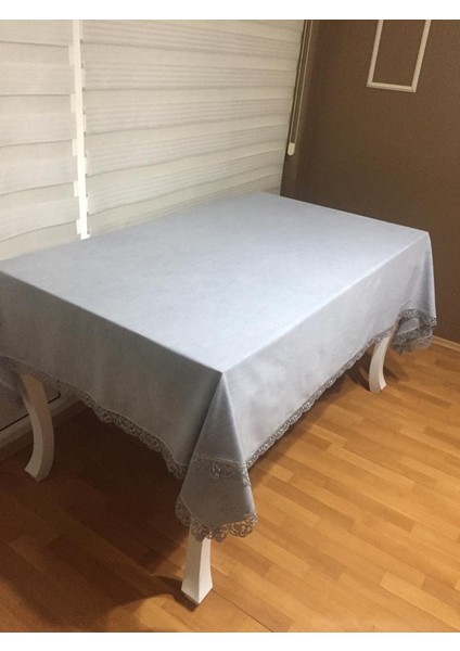 Estee Lüx Dantelli Pamuk Kumaş Gri Masa Örtüsü ve Peçeteli Sofra Takımı 6 kişilik Dikdörtgen 160x220 cm 13 Parça - 757