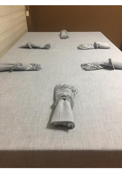 Estee Lüx Dantelli Pamuk Kumaş Gri Masa Örtüsü ve Peçeteli Sofra Takımı 6 kişilik Dikdörtgen 160x220 cm 13 Parça - 757