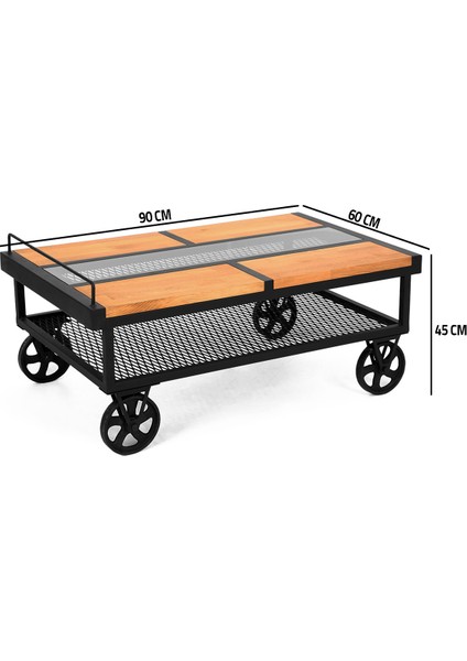 Flora Wood Exclusive Locomotive Metal Doğal Ahşap Masif Tel Detaylı Camlı Orta Sehpa 45 x 110 x 70 cm