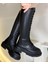 Siyah Kadın Diz Altı Boru Kışlık Bağcıklı Günlük Casual Kalın Taban Uzun Postal Bot Çizme 1