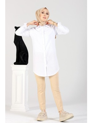 İlkimay Uzun Kollu Düğmeli Boyfriend Tunik Gömlek 139 - Beyaz