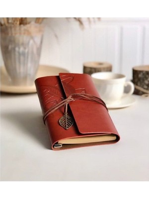 Herkesetoptantic Yaprak Tasarımlı Retro Deri Defter + Kalem Açık Kahverengi