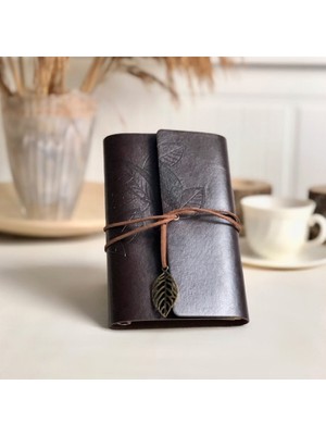 Herkesetoptantic Yaprak Tasarımlı Retro Deri Defter + Kalem Koyu Kahverengi