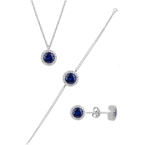 Söğütlü Silver Gümüş Rodyumlu Zirkon ve  Safir Taşlı Pırlanta Modeli Üçlü Set