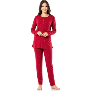 Kadın Pijama Takımı Yuvarlak Yaka Düğmeli Noktalı Desenli