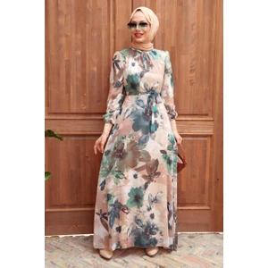 Neva Style - Çiçek Desenli Bej Tesettür Elbise 27925BEJ