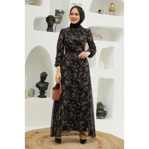 Neva Style - Çiçek Desenli Siyah Tesettür Elbise 27923S
