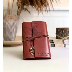 Kişiye Özel Yaprak Tasarımlı Retro Deri Defter + Kalem  (Açık Kahverengi)