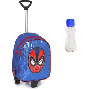 Çekçekli Mavi Parlak Dikişli Spiderman Baskılı Anaokulu Çantası + Suluk - Örümcek Adam Kreş Çantası