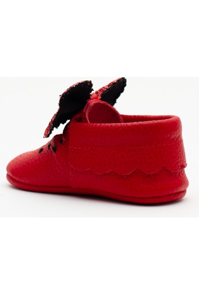 Wstark Hakiki Deri Kırmızı Fiyonklu Patik Makosen Kız Bebek Ayakkabısı