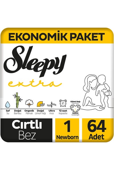 Sleepy Extra Günlük Aktivite Ekonomik Paket Bebek Bezi 1 Numara Yenidoğan 64 Adet