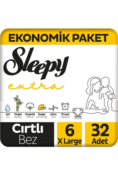 Sleepy Extra Günlük Aktivite Ekonomik Paket Bebek Bezi 6 Numara Xlarge 32'li