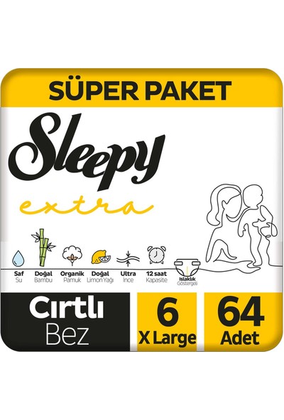 Sleepy Extra Günlük Aktivite Süper Paket Bebek Bezi 6 Numara Xlarge 64'lı