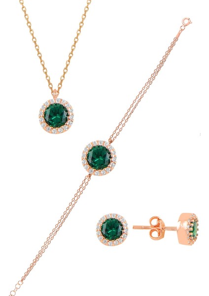 Gümüş Rose Zirkon ve Kök Zümrüt Taşlı Pırlanta Modeli Üçlü Set