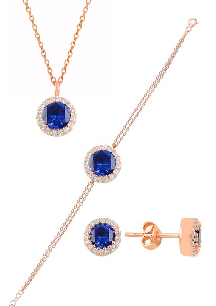 Gümüş Rose Zirkon ve Safir Taşlı Pırlanta Modeli Üçlü Set