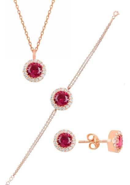 Gümüş Rose Zirkon ve Kök Yakut Taşlı Pırlanta Modeli Üçlü Set