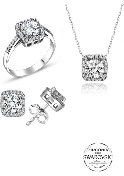 Gümüş Swarovski Taşlı Pırlanta Modeli Kare Üçlü Set