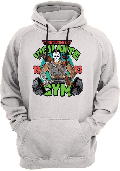 Ninja Turtles Casey Jones Gym Baskılı Beyaz 3 Ipl. Şardonlu Kalın (600 Gr.) Içi Polar Kapüşonlu Sweatshirt Hoodie