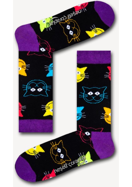 Kedi Desenli Renkli Kadın Çorap