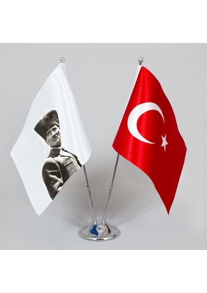 Atatürk Masa Bayrağı-1 Ikili 15X22,5 cm (Direkli)