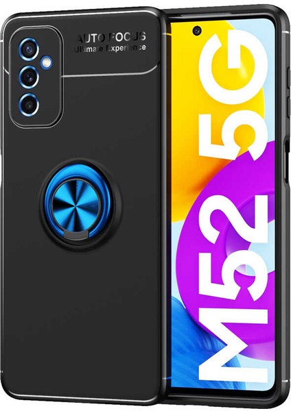 Samsung Galaxy M52 Kılıf Kamera Korumalı Autofocus Shockprof Ravel Yüzüklü Standlı Slikon Kapak Siyah - Mavi
