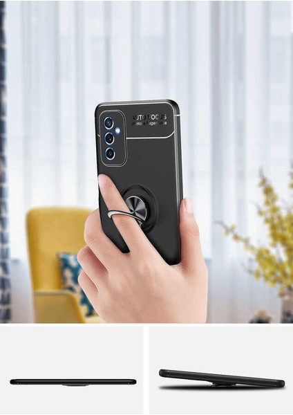 Samsung Galaxy M52 Kılıf Kamera Korumalı Autofocus Shockprof Ravel Yüzüklü Standlı Slikon Kapak Siyah - Mavi