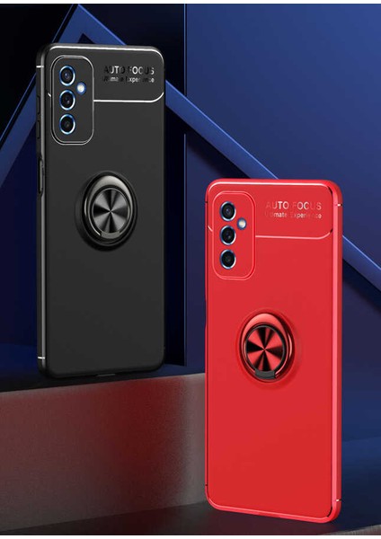 Samsung Galaxy M52 Kılıf Kamera Korumalı Autofocus Shockprof Ravel Yüzüklü Standlı Slikon Kapak Siyah - Mavi