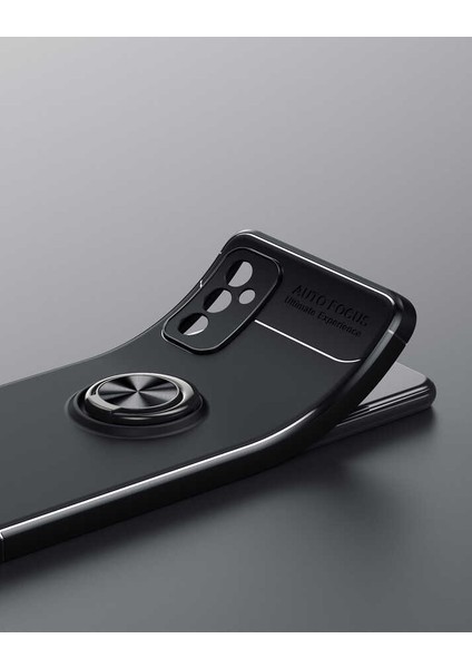 Samsung Galaxy M52 Kılıf Kamera Korumalı Autofocus Shockprof Ravel Yüzüklü Standlı Slikon Kapak Siyah - Mavi