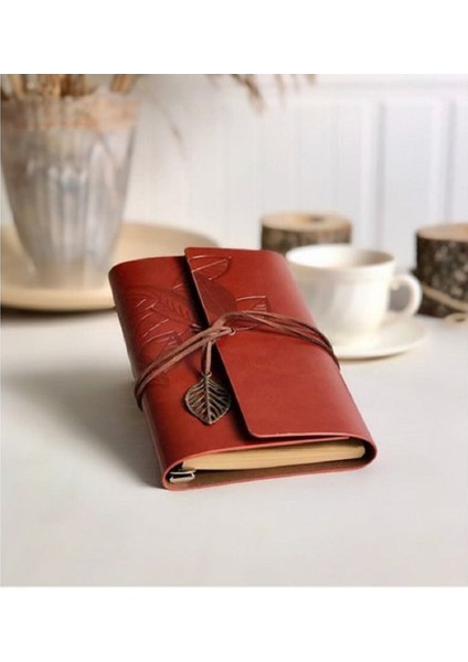 Yaprak Tasarımlı Retro Deri Defter + Kalem Açık Kahverengi