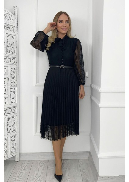 G0015 Dantel Detay Piliseli Elbise Siyah