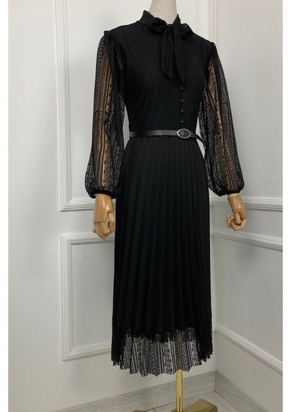 G0015 Dantel Detay Piliseli Elbise Siyah indirimleri