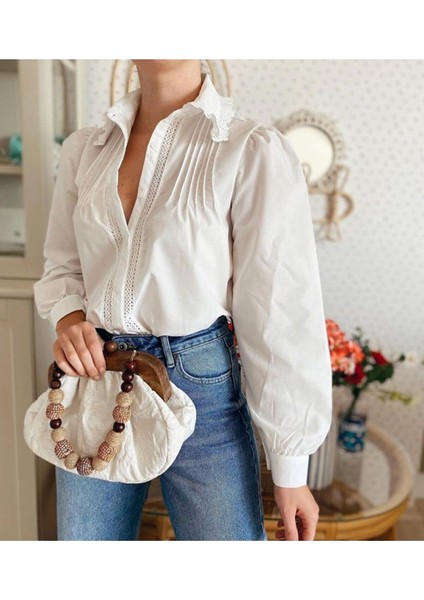 Fisto Şeritli Yakalı Drape Detaylı Pamuklu Gömlek