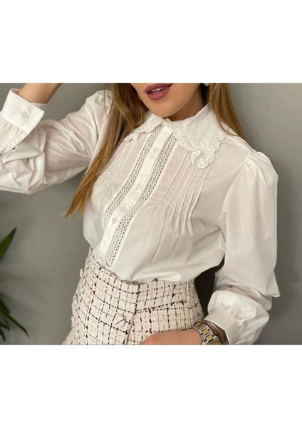 Fisto Şeritli Yakalı Drape Detaylı Pamuklu Gömlek fırsatları