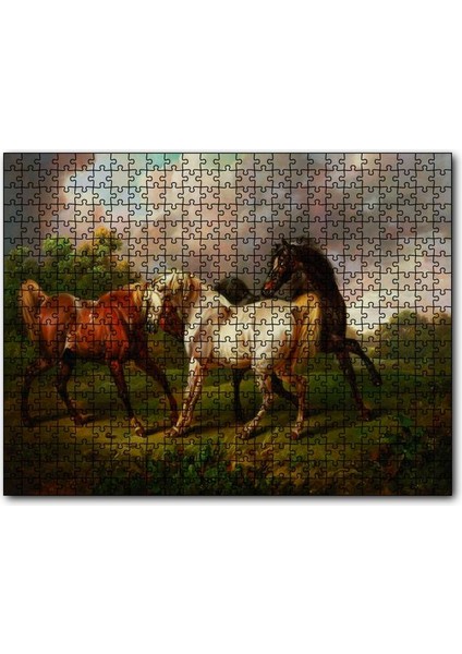 Dövüşen Kaslı Atlar Yağlıboya 120 Parça Puzzle Yapboz Mdf (Ahşap)