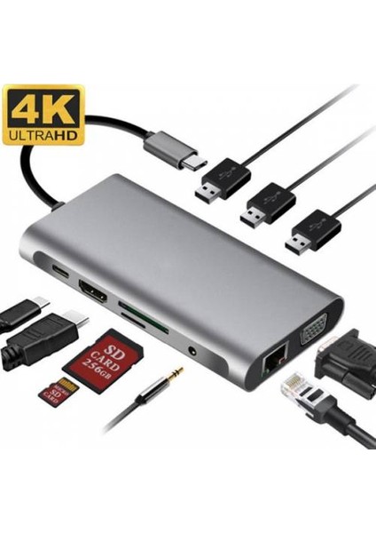 10IN1 Hub 100W 4K HDMI VGA RJ45 Pd USB 3.0 Hub Adaptör Çoklayıcı Macbook Pro Dönüştürücü