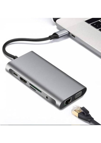 10IN1 Hub 100W 4K HDMI VGA RJ45 Pd USB 3.0 Hub Adaptör Çoklayıcı Macbook Pro Dönüştürücü