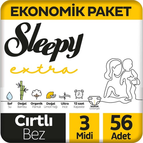 Sleepy Extra Günlük Aktivite Ekonomik Paket Bebek Bezi 3 Numara Midi 56'lı