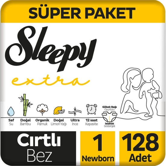 Sleepy Extra Günlük Aktivite Süper Paket Bebek Bezi 1 Numara Yenidoğan 128 Adet