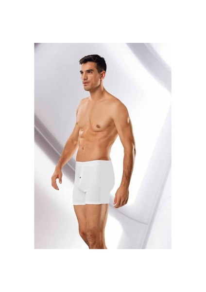 Likralı Düğmeli Erkek Boxer Beyaz