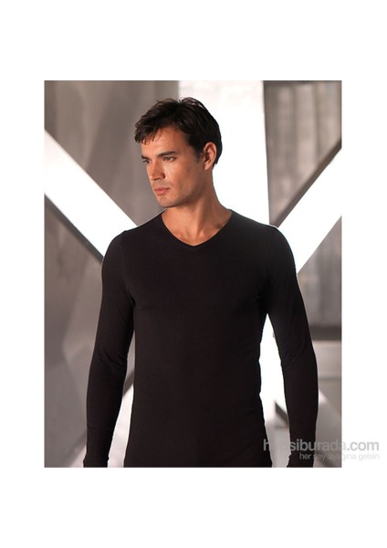 Uzun Kollu V Yakalı Likralı Süprem Siyah Atlet