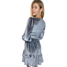 Favori Peri Kadın Füme V Yaka Etek Ucu Fırfırlı Mini Kadife Elbise