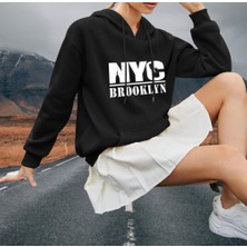 Amor Man Brooklyn Göğüs Baskılı Kapüşonlu Kalın Tam Kışlık Oversize Yeni Stil Kadın Sweatshirt