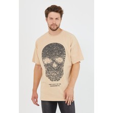 Polo State Erkek Parça Boya Baskılı Oversize Basic T-Shirt  Bej