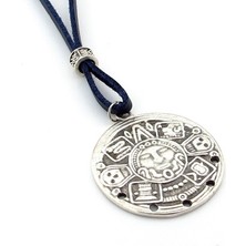 Solfera Aztek Güneşi Metal Madalyon Lacivert Deri Erkek Kolye Q0450