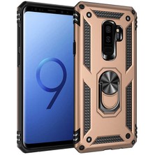 Tekno Grup Samsung Galaxy S9 Plus Kılıf Çift Katmanlı Yüzüklü Manyetik Vega Kapak + Tam Kaplayan 6d Polymer Nano Ekran Koruyucu Gold