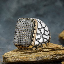 Takılingo 925 Ayar Gümüş Beyaz Zirkon Taşlı Duvar Işlemeli Usta Işi Erkek Yüzük