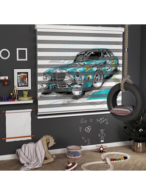 Ayze Home Genç Odası - Mavi Mercedes Baskılı Zebra Perde