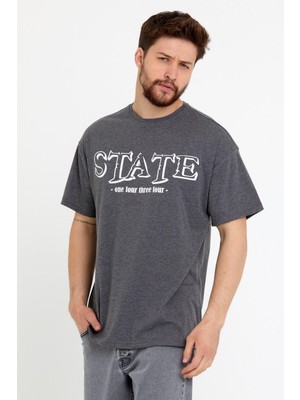Polo State Erkek Oversize Baskılı T-Shirt Antrasit