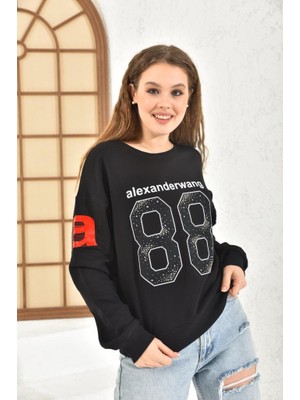 Modkofoni Bisiklet Yaka Baskı ve Taşlı Rakam Figürlü Siyah Kadın Sweatshirt